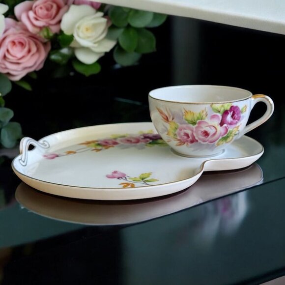 Vintage Shofu Bone China Floral Tea Cup & Snack Plate Set Gold Trim Pink Floral - Picture 1 of 10